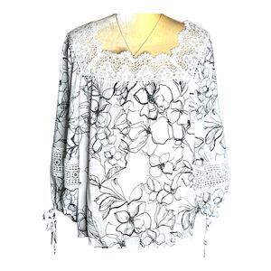 Zac & Rachel Boho Peasant Top Size XL  Crochet White And Black Tie At Sleeve